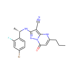 CCCc1cc(=O)n2nc(N[C@@H](C)c3ccc(Br)cc3F)c(C#N)c2[nH]1 ZINC000473247496