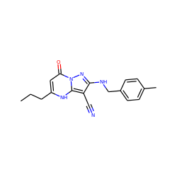 CCCc1cc(=O)n2nc(NCc3ccc(C)cc3)c(C#N)c2[nH]1 ZINC000473248932