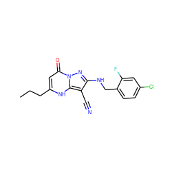 CCCc1cc(=O)n2nc(NCc3ccc(Cl)cc3F)c(C#N)c2[nH]1 ZINC000473248721