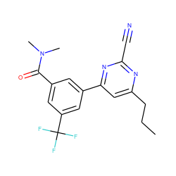 CCCc1cc(-c2cc(C(=O)N(C)C)cc(C(F)(F)F)c2)nc(C#N)n1 ZINC000064503792