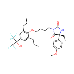 CCCc1cc(C(O)(C(F)(F)F)C(F)(F)F)cc(CCC)c1OCCCCN1C(=O)N[C@](CC)(c2ccc(OC)cc2)C1=O ZINC000114059464