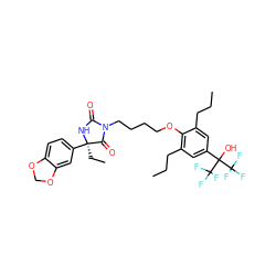 CCCc1cc(C(O)(C(F)(F)F)C(F)(F)F)cc(CCC)c1OCCCCN1C(=O)N[C@](CC)(c2ccc3c(c2)OCO3)C1=O ZINC000163924792