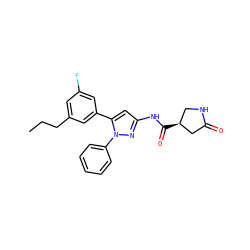 CCCc1cc(F)cc(-c2cc(NC(=O)[C@H]3CNC(=O)C3)nn2-c2ccccc2)c1 ZINC000169707017