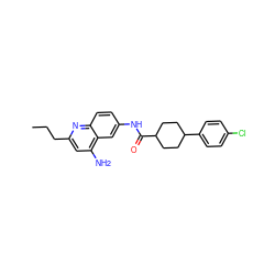 CCCc1cc(N)c2cc(NC(=O)C3CCC(c4ccc(Cl)cc4)CC3)ccc2n1 ZINC000036351740