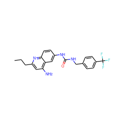 CCCc1cc(N)c2cc(NC(=O)NCc3ccc(C(F)(F)F)cc3)ccc2n1 ZINC000034270638