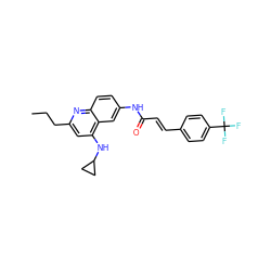 CCCc1cc(NC2CC2)c2cc(NC(=O)/C=C/c3ccc(C(F)(F)F)cc3)ccc2n1 ZINC000038149838