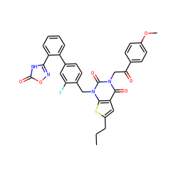 CCCc1cc2c(=O)n(CC(=O)c3ccc(OC)cc3)c(=O)n(Cc3ccc(-c4ccccc4-c4noc(=O)[nH]4)cc3F)c2s1 ZINC000096169989