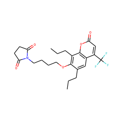 CCCc1cc2c(C(F)(F)F)cc(=O)oc2c(CCC)c1OCCCCN1C(=O)CCC1=O ZINC000116619954