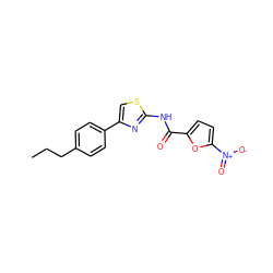 CCCc1ccc(-c2csc(NC(=O)c3ccc([N+](=O)[O-])o3)n2)cc1 ZINC000006998116