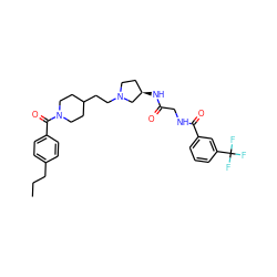 CCCc1ccc(C(=O)N2CCC(CCN3CC[C@@H](NC(=O)CNC(=O)c4cccc(C(F)(F)F)c4)C3)CC2)cc1 ZINC000049802652