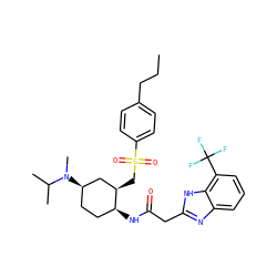 CCCc1ccc(S(=O)(=O)C[C@@H]2C[C@H](N(C)C(C)C)CC[C@@H]2NC(=O)Cc2nc3cccc(C(F)(F)F)c3[nH]2)cc1 ZINC000084742426