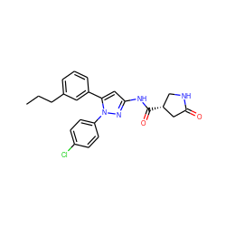 CCCc1cccc(-c2cc(NC(=O)[C@@H]3CNC(=O)C3)nn2-c2ccc(Cl)cc2)c1 ZINC000169706978