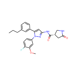 CCCc1cccc(-c2cc(NC(=O)[C@@H]3CNC(=O)C3)nn2-c2ccc(F)c(OC)c2)c1 ZINC000169707311