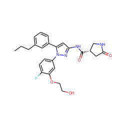 CCCc1cccc(-c2cc(NC(=O)[C@@H]3CNC(=O)C3)nn2-c2ccc(F)c(OCCO)c2)c1 ZINC000169707332