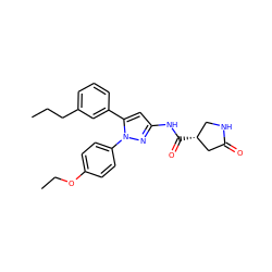 CCCc1cccc(-c2cc(NC(=O)[C@@H]3CNC(=O)C3)nn2-c2ccc(OCC)cc2)c1 ZINC000169707294