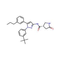 CCCc1cccc(-c2cc(NC(=O)[C@@H]3CNC(=O)C3)nn2-c2cccc(C(C)(C)C)c2)c1 ZINC000169707316