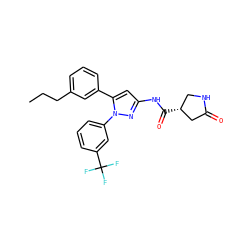 CCCc1cccc(-c2cc(NC(=O)[C@@H]3CNC(=O)C3)nn2-c2cccc(C(F)(F)F)c2)c1 ZINC000169707321