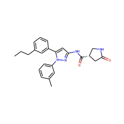 CCCc1cccc(-c2cc(NC(=O)[C@@H]3CNC(=O)C3)nn2-c2cccc(C)c2)c1 ZINC000169707020