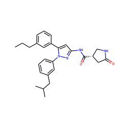 CCCc1cccc(-c2cc(NC(=O)[C@@H]3CNC(=O)C3)nn2-c2cccc(CC(C)C)c2)c1 ZINC000169707403