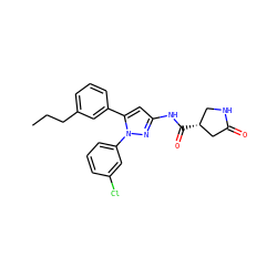 CCCc1cccc(-c2cc(NC(=O)[C@@H]3CNC(=O)C3)nn2-c2cccc(Cl)c2)c1 ZINC000169707183