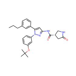 CCCc1cccc(-c2cc(NC(=O)[C@@H]3CNC(=O)C3)nn2-c2cccc(OC(C)(C)C)c2)c1 ZINC000169707345