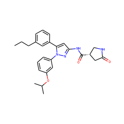 CCCc1cccc(-c2cc(NC(=O)[C@@H]3CNC(=O)C3)nn2-c2cccc(OC(C)C)c2)c1 ZINC000169707268