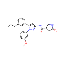 CCCc1cccc(-c2cc(NC(=O)[C@@H]3CNC(=O)C3)nn2-c2cccc(OC)c2)c1 ZINC000169707267