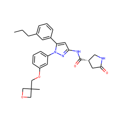 CCCc1cccc(-c2cc(NC(=O)[C@@H]3CNC(=O)C3)nn2-c2cccc(OCC3(C)COC3)c2)c1 ZINC000169707398