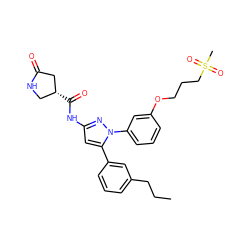 CCCc1cccc(-c2cc(NC(=O)[C@@H]3CNC(=O)C3)nn2-c2cccc(OCCCS(C)(=O)=O)c2)c1 ZINC000169707399