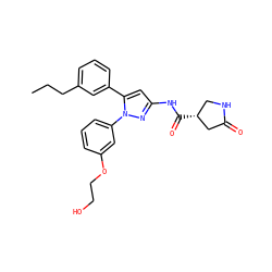 CCCc1cccc(-c2cc(NC(=O)[C@@H]3CNC(=O)C3)nn2-c2cccc(OCCO)c2)c1 ZINC000169707326