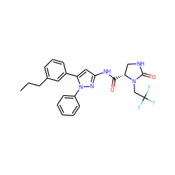 CCCc1cccc(-c2cc(NC(=O)[C@@H]3CNC(=O)N3CC(F)(F)F)nn2-c2ccccc2)c1 ZINC000169707306