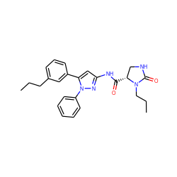 CCCc1cccc(-c2cc(NC(=O)[C@@H]3CNC(=O)N3CCC)nn2-c2ccccc2)c1 ZINC000169707211