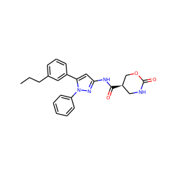 CCCc1cccc(-c2cc(NC(=O)[C@@H]3CNC(=O)OC3)nn2-c2ccccc2)c1 ZINC000169707261