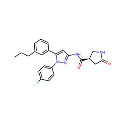 CCCc1cccc(-c2cc(NC(=O)[C@H]3CNC(=O)C3)nn2-c2ccc(F)cc2)c1 ZINC000169706975