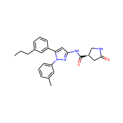 CCCc1cccc(-c2cc(NC(=O)[C@H]3CNC(=O)C3)nn2-c2cccc(C)c2)c1 ZINC000169707019