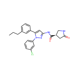 CCCc1cccc(-c2cc(NC(=O)[C@H]3CNC(=O)C3)nn2-c2cccc(Cl)c2)c1 ZINC000169707034