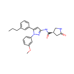 CCCc1cccc(-c2cc(NC(=O)[C@H]3CNC(=O)C3)nn2-c2cccc(OC)c2)c1 ZINC000169707062