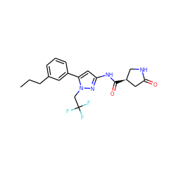 CCCc1cccc(-c2cc(NC(=O)[C@H]3CNC(=O)C3)nn2CC(F)(F)F)c1 ZINC000169707010