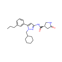 CCCc1cccc(-c2cc(NC(=O)[C@H]3CNC(=O)C3)nn2CC2CCCCC2)c1 ZINC000169707048