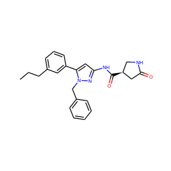 CCCc1cccc(-c2cc(NC(=O)[C@H]3CNC(=O)C3)nn2Cc2ccccc2)c1 ZINC000169707036