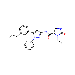 CCCc1cccc(-c2cc(NC(=O)[C@H]3CNC(=O)N3CCC)nn2-c2ccccc2)c1 ZINC000169707217