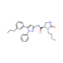 CCCc1cccc(-c2cc(NC(=O)[C@H]3CNC(=O)N3CCOC)nn2-c2ccccc2)c1 ZINC000169707270