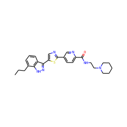 CCCc1cccc2c(-c3cnc(-c4ccc(C(=O)NCCN5CCCCC5)nc4)s3)n[nH]c12 ZINC000653786057