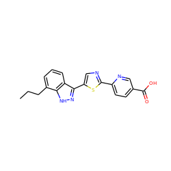 CCCc1cccc2c(-c3cnc(-c4ccc(C(=O)O)cn4)s3)n[nH]c12 ZINC000653795638