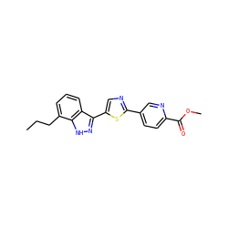 CCCc1cccc2c(-c3cnc(-c4ccc(C(=O)OC)nc4)s3)n[nH]c12 ZINC000653784950