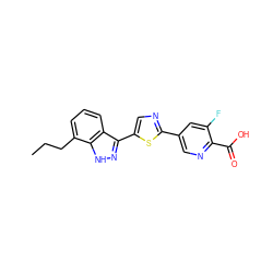 CCCc1cccc2c(-c3cnc(-c4cnc(C(=O)O)c(F)c4)s3)n[nH]c12 ZINC000653810935