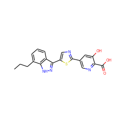 CCCc1cccc2c(-c3cnc(-c4cnc(C(=O)O)c(O)c4)s3)n[nH]c12 ZINC000653785027