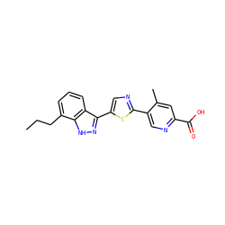 CCCc1cccc2c(-c3cnc(-c4cnc(C(=O)O)cc4C)s3)n[nH]c12 ZINC000653786037