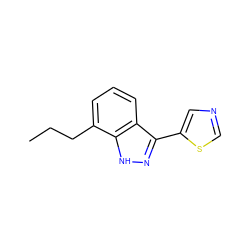 CCCc1cccc2c(-c3cncs3)n[nH]c12 ZINC000653783778