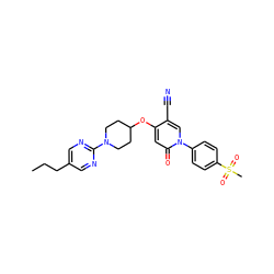 CCCc1cnc(N2CCC(Oc3cc(=O)n(-c4ccc(S(C)(=O)=O)cc4)cc3C#N)CC2)nc1 ZINC000118659116